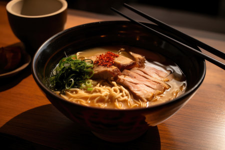 Exquisite detail of a rich miso ramen topped with marinated bamboo shoots, bean sprouts, and slices of juicy pork, AI generatedの素材