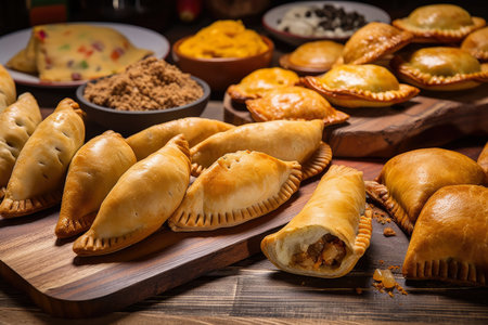 Empanadas array on a rustic wooden table, showing off their golden brown crust and various fillings such as beef, chicken, and cheese, AI Generatedの素材