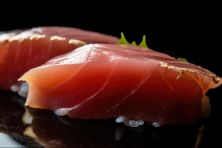 Extreme close-up of an individual piece of tuna sashimi, showing the distinct marbling and rich flavor of this popular sushi ingredient, AI Generatedの素材