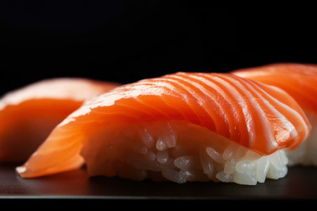 Extreme close-up of glistening salmon nigiri with a thin slice of fish draped over a bed of rice, highlighting the beauty of Japanese culinary art, AI Generatedの素材