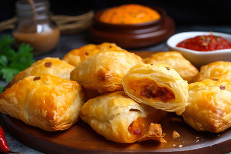 Flaky, golden bourekas with potato and cheese filling, served with a side of spicy harissa sauce, AI Generatedの素材