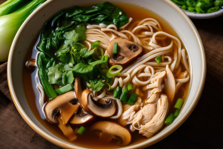 Flavorful Szechuan chicken noodle soup with bok choy, mushrooms, and scallions garnished with sesame seeds and cilantro, AI Generatedの素材