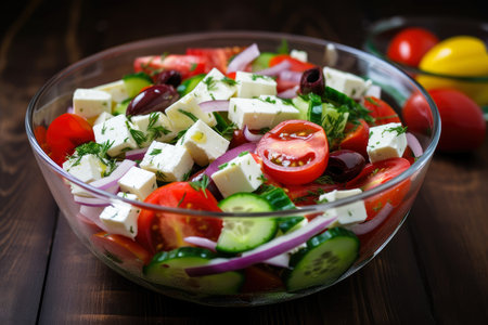 Freshly Made Greek Salad with Tomatoes, Cucumbers, Feta Cheese, and Olive Oil in a Glass Bowl, AI Generatedの素材
