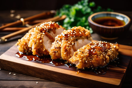 Golden and crispy chicken katsu with sesame seeds and tonkatsu sauce served on a wooden board, AI Generatedの素材