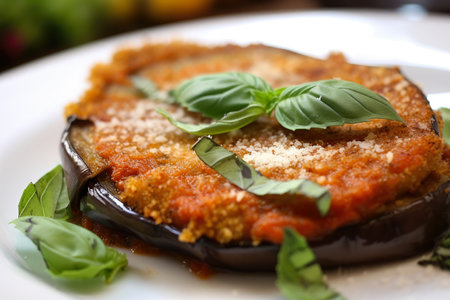 Golden Crispy Eggplant Parmesan with Tomato Sauce and Fresh Basil, AI Generatedの素材