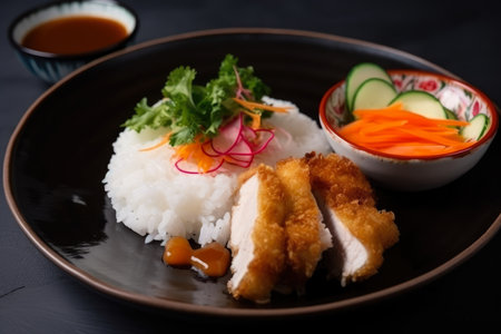Golden crispy chicken katsu served with steaming hot rice, pickled vegetables, and savory sauce, AI Generatedの素材