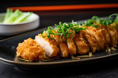 Golden brown chicken katsu with green onion garnish on a black plate, AI Generatedの素材