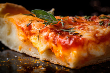 Extreme close-up of a slice of pizza with bubbly cheese, juicy tomato sauce, and aromatic herbs and spices, AI Generatedの素材