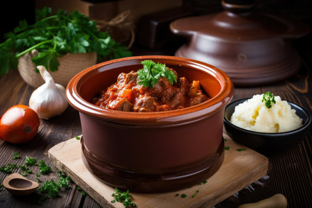 Goulash served in a small ceramic pot with a sprinkle of fresh herbs and a side of mashed potatoes, AI Generatedの素材