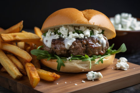 Gourmet lamb burger with arugula, feta cheese, and tzatziki sauce on a freshly baked ciabatta bun, served with garlic fries, AI Generatedの素材