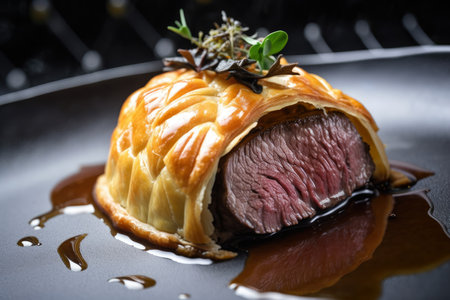 Indulgent Beef Wellington with Buttery, Flaky Pastry and Creamy Mushroom Filling, Served with Garlic Mashed Potatoes, AI Generatedの素材