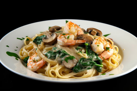 Exquisite Shrimp Scampi Alfredo with Mushrooms and Spinach, AI Generatedの素材