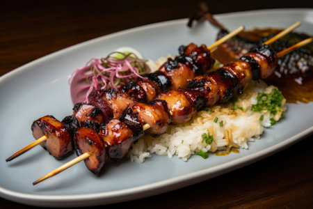 Grilled octopus skewers with a savory miso glaze, served with steaming jasmine rice and a side of pickled ginger and wasabi, AI Generatedの素材