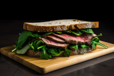 Healthy roast beef sandwich with hummus and mixed greens on whole wheat bread, AI Generatedの素材