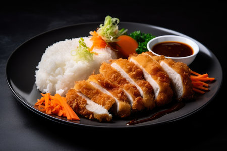 Golden crispy chicken katsu served with steaming hot rice, pickled vegetables, and savory sauce, AI Generatedの素材