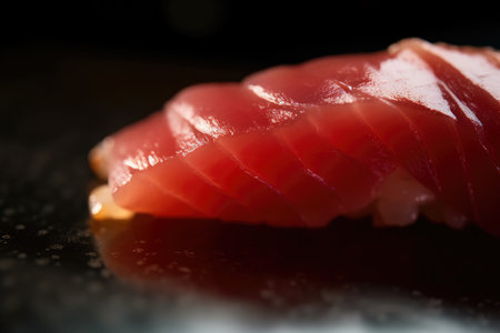 Extreme close-up of an individual piece of tuna sashimi, showing the distinct marbling and rich flavor of this popular sushi ingredient, AI Generatedの素材