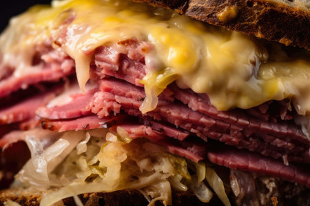 Extreme close-up of a Reuben sandwich showingcasing layers of succulent corned beef, tangy sauerkraut, and melty Swiss cheese, topped with Russian dressing, AI Generatedの素材