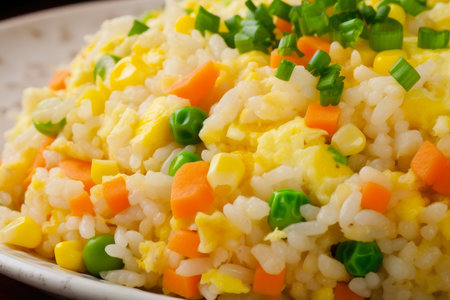 enticing close-up of egg fried rice with fluffy scrambled eggs, diced carrots, peas, and corn, cooked to perfection, AI Generatedの素材