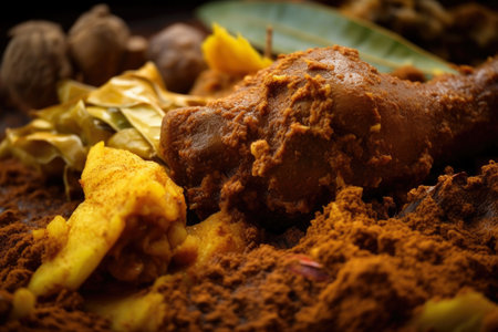 Extreme close-up of Rendang spices, including turmeric, galangal, and lemongrass, used to make the rich and aromatic curry dish, AI Generatedの素材