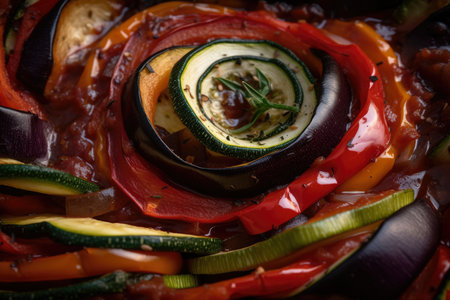 extreme close-up of a ratatouille dish, capturing the detail and texture of each individual ingredient, AI Generatedの素材