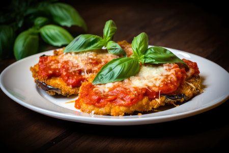 Golden Crispy Eggplant Parmesan with Tomato Sauce and Fresh Basil, AI Generatedの素材