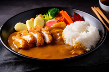 Juicy Chicken Katsu Curry with a medley of colorful vegetables, served in a deep bowl over a bed of warm rice, AI Generatedの素材