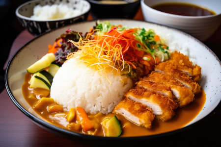 Juicy Chicken Katsu Curry with a medley of colorful vegetables, served in a deep bowl over a bed of warm rice, AI Generatedの素材