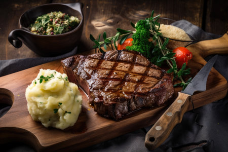 Juicy and sizzling steak with grill marks on a rustic wooden board and a side of roasted vegetables and mashed potatoes, AI Generatedの素材