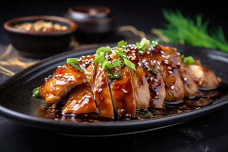 Juicy and succulent chicken teriyaki in a dark, glossy sauce, garnished with sesame seeds and green onions, AI Generatedの素材