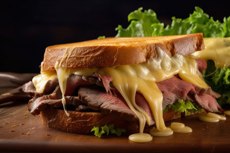 Juicy and savory roast beef sandwich with melted cheese and crispy lettuce on toasted bread, AI Generatedの素材