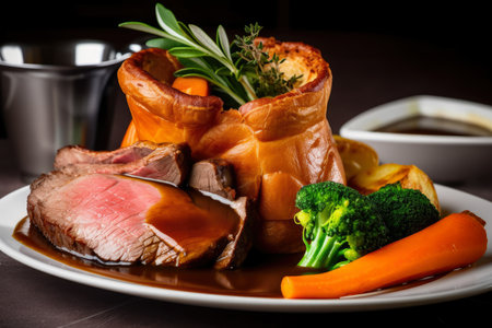 Juicy slices of roast beef on a bed of crispy golden Yorkshire pudding, garnished with fresh herbs and served with a side of roasted vegetables and gravy, AI Generatedの素材