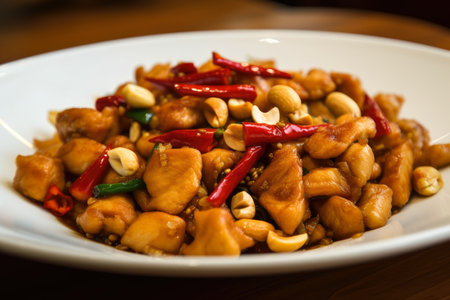 Kung Pao Chicken with crispy, golden-brown chicken pieces, stir-fried with dried red chili peppers and roasted peanuts, AI Generatedの素材