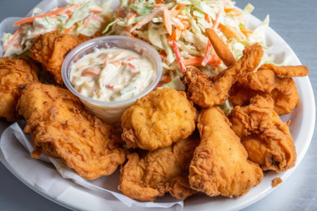 Juicy fried catfish bites with a spicy Cajun seasoning and a side of creamy coleslaw, AI Generatedの素材