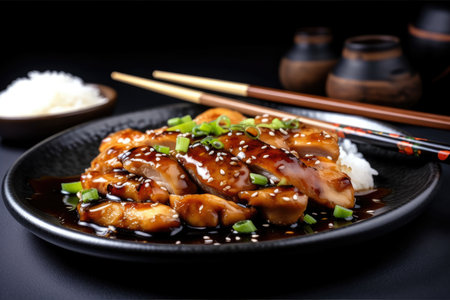 Juicy chicken teriyaki dish in a black plate with chopsticks on the side, garnished with sesame seeds and spring onions, AI Generatedの素材