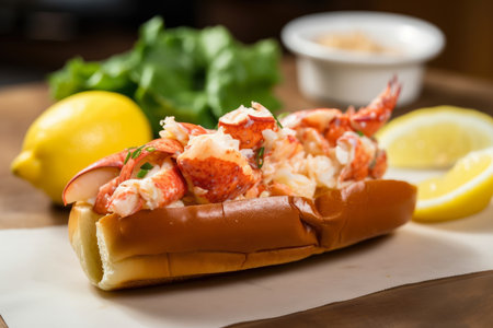 Lobster Roll with Melted Butter and Lemon Wedges, AI Generatedの素材