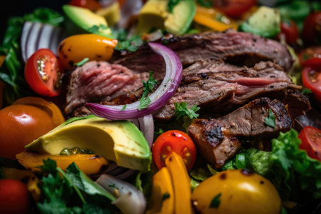 Macro shot of a colorful and fresh Churrasco salad with grilled vegetables, juicy steak, and tangy vinaigrette dressing, AI Generatedの素材
