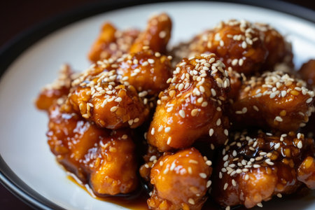 Macro shot of a bowl of Korean-style fried chicken bites coated in a sticky and sweet soy-garlic sauce with sesame seeds on top, AI Generatedの素材