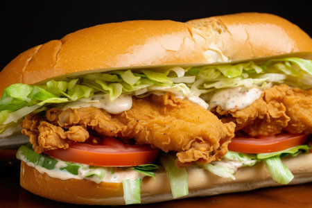 Macro image of a cross-section of a fried catfish po' boy sandwich, with layers of fried catfish, lettuce, tomato, and remoulade sauce, AI Generatedの素材