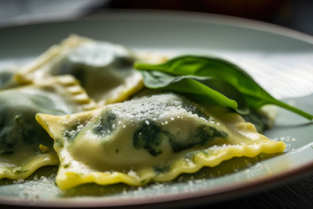 Macro shot of a plate of colorful ravioli pasta stuffed with spinach and ricotta cheese, AI Generatedの素材