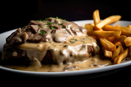 Macro shot of a decadent hamburger steak topped with creamy mushroom sauce and served with a side of truffle fries, AI Generatedの素材