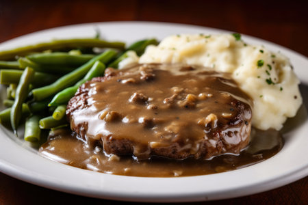 Macro shot of a mouth-watering hamburger steak smothered in a rich gravy with a side of buttery mashed potatoes and green beans, AI Generatedの素材