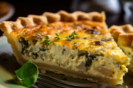Macro shot of a quiche slice with flaky crust and rich filling, garnished with fresh herbs and cracked black pepper, AI Generatedの素材