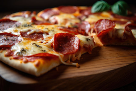 Macro shot of a pepperoni pizza slice with a variety of cheeses and herbs on a wooden slicing board, AI Generatedの素材