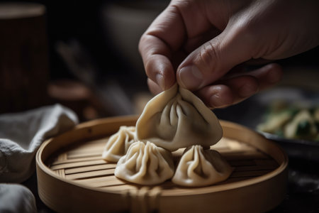 macro shot of a delicate dumpling being skillfully folded and pleated by hand, with various ingredients and utensils scattered in the background, AI generatedの素材