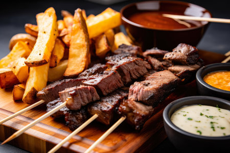 Macro shot of a platter of juicy Churrasco skewers with a side of crispy yucca fries and spicy dipping sauce, AI Generatedの素材