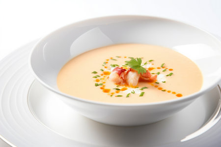 Lobster bisque soup in a white bowl with a garnish of parsley and a hint of paprika on top, AI Generatedの素材