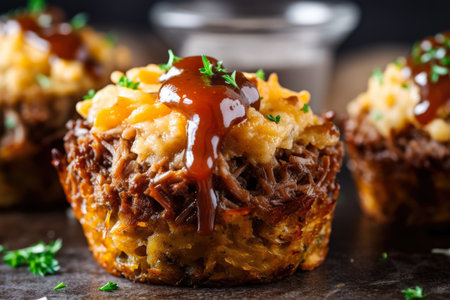 Macro Shot of Delicious and Flavorful Meatloaf Muffins with Crispy Potato Topping, AI Generatedの素材