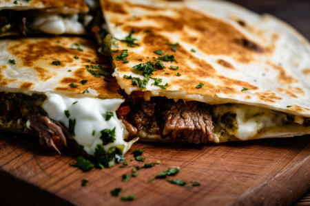 Macro shot of a spicy beef quesadilla with tangy sour cream and salsa verde, AI Generatedの素材