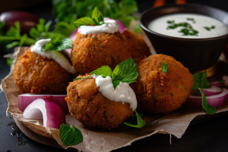 Macro shot of crispy falafel bites served with a tangy tzatziki sauce and topped with sliced red onions and fresh mint leaves, AI generatedの素材