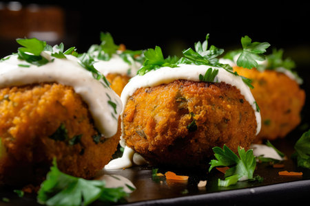 Macro shot of crispy and golden falafel balls topped with zesty garlic yogurt sauce and garnished with fresh parsley, AI Generatedの素材